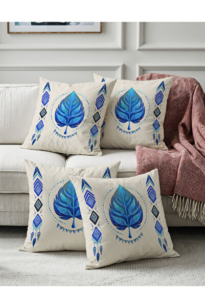Sakallı Ethnic Bohemian Blue Leaf Pattern Beige Background Digital Printed De...