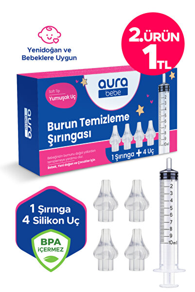 Aura Bebe Bebek Burun Yıkama Enjektörü Şırınga ve 4 Adet Silikon Yedek Uç