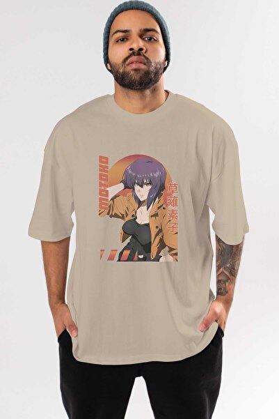 Ankhises Motoko Kusanagi 9 Anime Prednja Štampano Bež Oversize kroj T-shirt M...