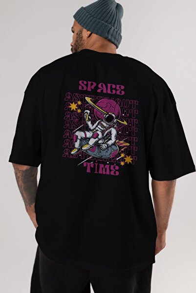 Ankhises Svemir Vreme Astronaut Leđa Štampano Crna Oversize kroj T-shirt Mušk...