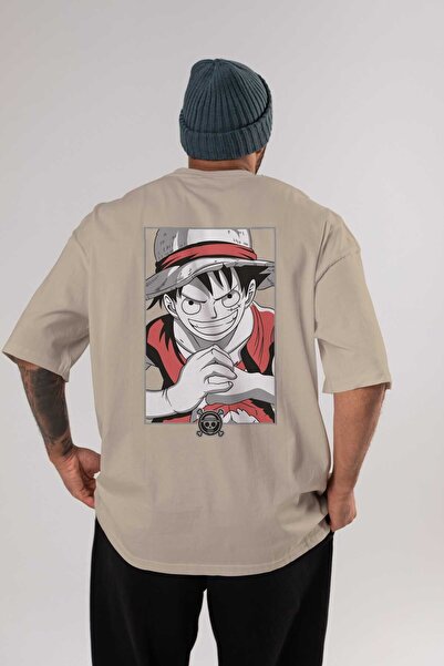 Ankhises LUFF D. MONKEY OnePiece Anime Leđa Štampano Bež Oversize kroj T-shir...