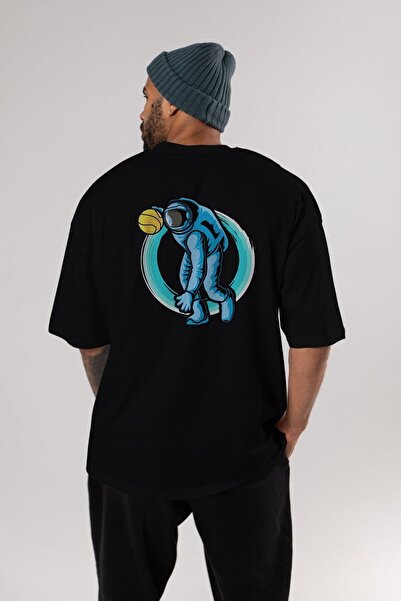 Ankhises Astronaut Dribble Back Štampano Crna Oversize kroj T-shirt Unisex Mu...