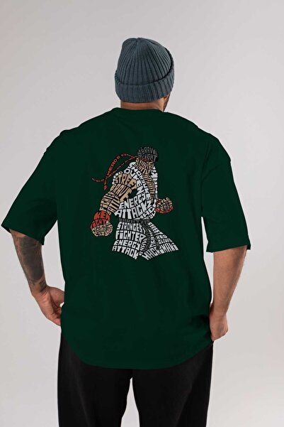 Ankhises Hadouken Back Štampano Emerald Green Oversize kroj T-shirt Unisex Mu...