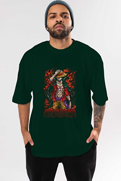 Ankhises MONKEY D. LUFFY (3) Anime Front Štampano Emerald Green Oversize kroj...