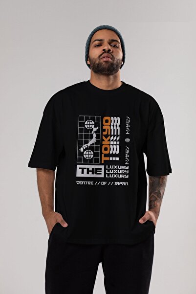 Ankhises The Luxury Centre Japan Front Štampano Crna Oversize kroj T-shirt Un...