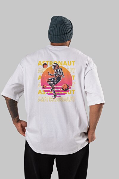 Ankhises Astronaut Streetwear 2 Leđa Štampano Bela Oversize kroj T-shirt Mušk...