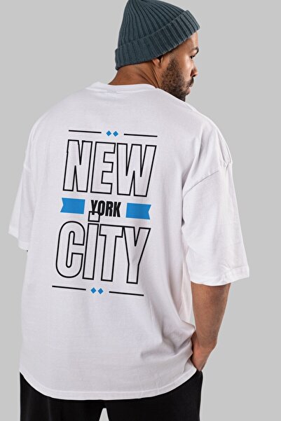 Ankhises New York City Lettered Back Printed White Oversize T-shirt Men's Wom...