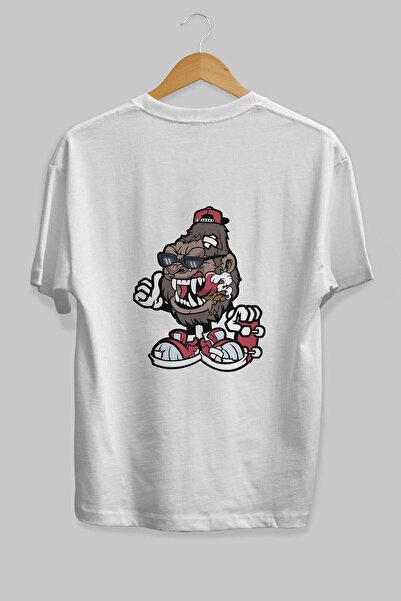 Ankhises Gorilla Skater Back Štampano Bela Oversize kroj T-shirt Unisex Muška...