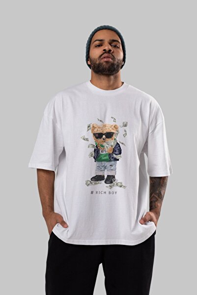 Ankhises Teddy Bear Rich Boy εμπρός εμπριμέ λευκό μπλουζάκι υπερμεγέθη ανδρικ...