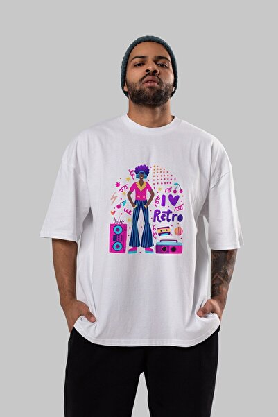 Ankhises Retro Boy Party Μπροστινό εμπριμέ λευκό μπλουζάκι Oversize Ανδρικό γ...