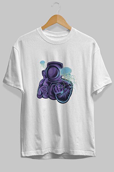 Ankhises Astronaut And Jellyfish μπροστινό εμπριμέ λευκό μπλουζάκι υπερμεγέθη...