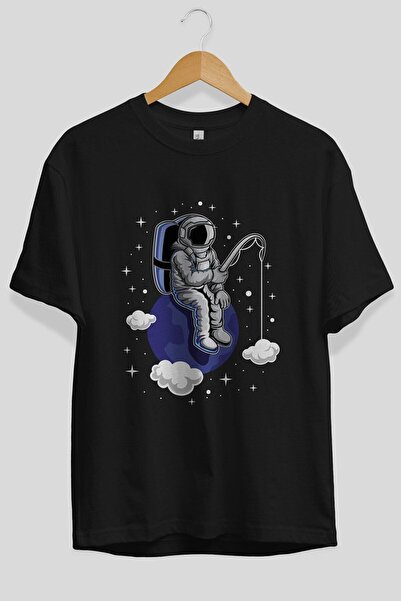 Ankhises Astronaut Fishing Front Štampano Crna Oversize kroj T-shirt Unisex M...