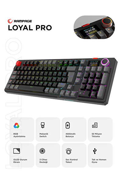 Rampage LOYAL Pro Siyah/Gri 3 BT + 2.4 IPS Ekranlı Red Switch RGB Mekanik Kab...