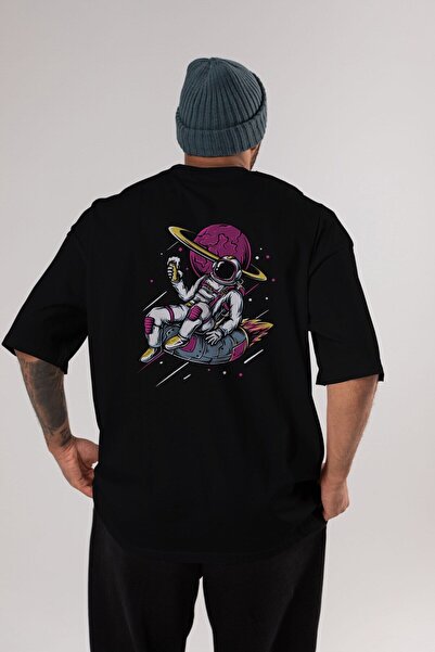Ankhises Astronaut Beer Imprimat pe spate Tricou oversize negru Bărbați Femei...