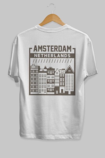 Ankhises Amsterdam Back Štampano Bela Oversize kroj T-shirt Unisex Muškarci Ž...