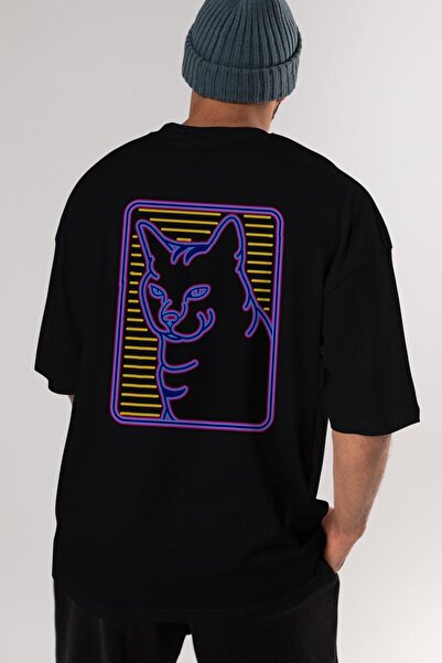 Ankhises Neon Cat Back Štampano Crna Oversize kroj T-shirt Unisex Muškarci Že...