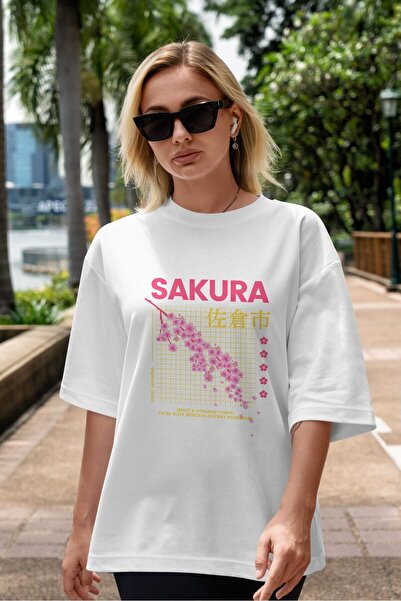 Ankhises Sakura Streetwear Prednja strana Štampano Bela Oversize kroj T-shirt...