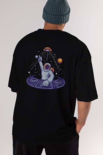 Ankhises Unisex astronaut disk jockey Oversize kroj crna T-shirt - okrugla kr...
