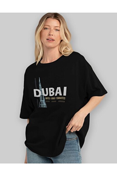 Ankhises Tricou oversize, negru, imprimat în față Dubai, unisex, bărbați, fem...
