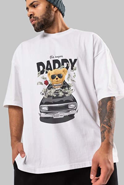 Ankhises Teddy Bear Daddy μπροστινό εμπριμέ λευκό μπλουζάκι υπερμεγέθη ανδρικ...