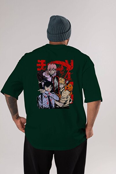 Ankhises CHAINSAWMAN CREW Anime Back Štampano Emerald Green Oversize kroj T-s...