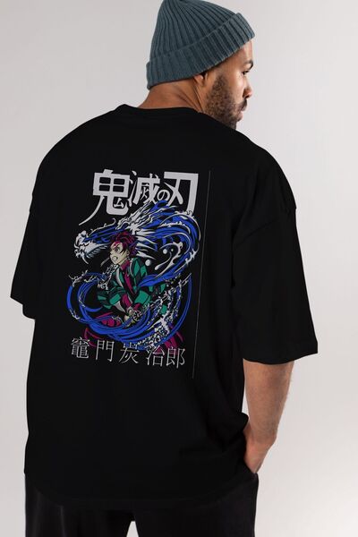 Ankhises TANJIRO KAMADO 2 Anime Back Štampano Crna Oversize kroj T-shirt Mušk...
