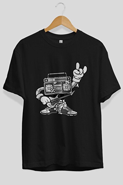 Ankhises Boombox Rockstar Front Štampano Crna Oversize kroj T-shirt Unisex Mu...