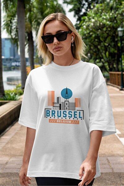 Ankhises Brussels Front Štampano Bela Oversize kroj T-shirt Unisex Muškarci Ž...