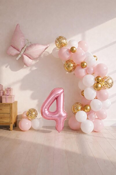 Patladı Gitti Kelebek Temalı Pembe 4 Yaş Doğum Günü Balon Seti – Pembe Gold B...