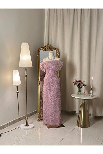 vanus fashion 6462-فستان سهرة وردي لامع بتصميم أنيق