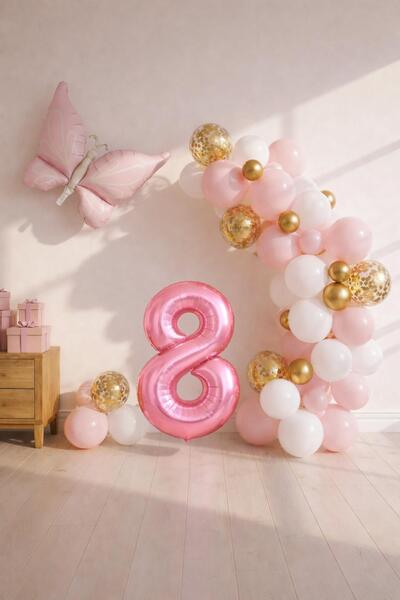 Patladı Gitti Kelebek Temalı Pembe 8 Yaş Doğum Günü Balon Seti – Pembe Gold B...