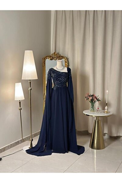 vanus fashion 6461-فستان سهرة كحلي بتصميم فاخر وراقي