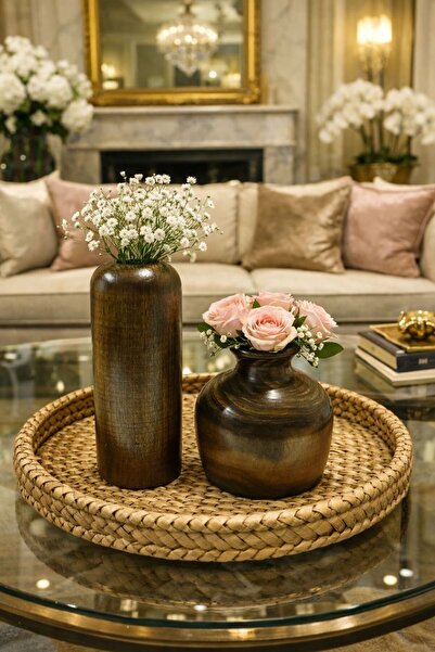 ENYAZA(2024) 2'Li Ahşap Vazo Ceviz Rengi - Dekoratif Vazo, Rustik Vazo, El Ya...