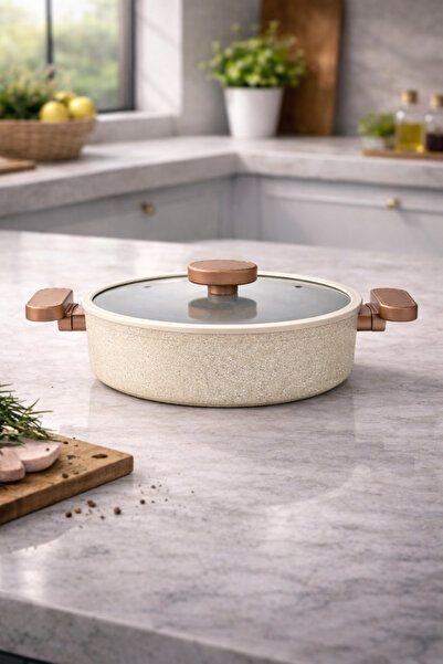 LAVONNI Valeria 30 cm Granite Flat Pot with Silicone Edged Glass Lid - Cappuc...