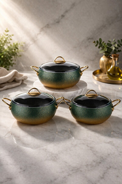 LAVONNI طقم قدور جرانيت كالدورا 6 قطع بمقبض ذهبي أخضر - 18/20/22 عميق