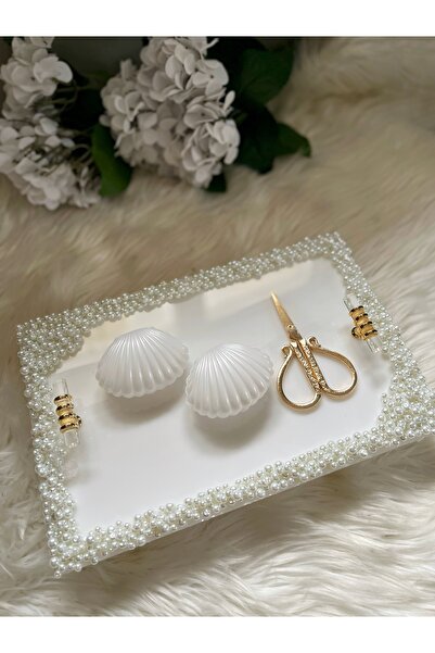RESİNARTSHOP Epoksi Nişan Tepsisi Seti dikdörtgen full İncili 4parça Gold