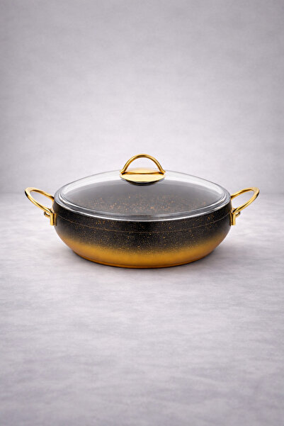 LAVONNI قدر كالدورا 26 سم من الجرانيت المسطح غير اللاصق بمقبض ذهبي وغطاء زجاجي