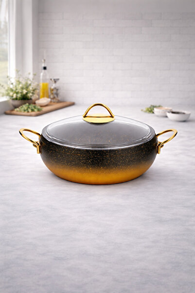 LAVONNI Caldora 26 cm Deep Granite Casserole Pot with Gold Handle and Glass L...