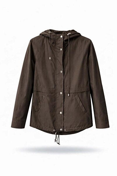 5in1Canpolat Καφέ αδιάβροχο με κουκούλα και κορδόνι στη μέση 79622