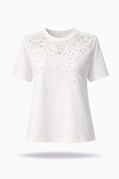 5in1Canpolat Tricou Ecru cu broderie cu pietre 18202