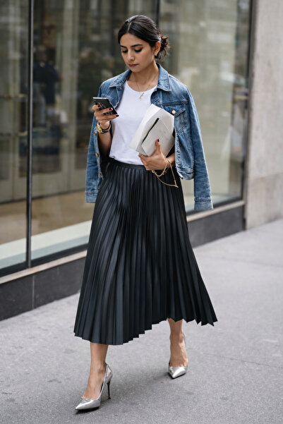 MSN PİLİSE MAXI ZARİF BELİ LASTİKİ ETEK HAFİF DERİ GÖRN 36-46 BEDEN UYUMLU - ...