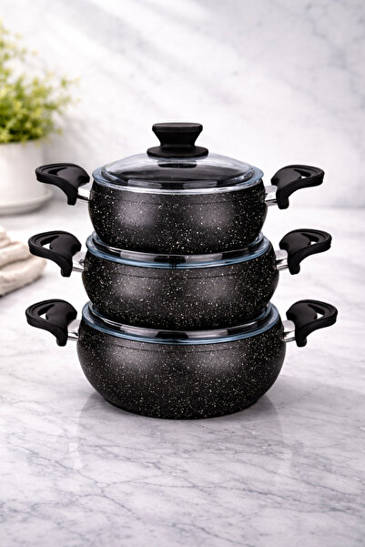 LAVONNI SOİL- 6 Parça Granit 3 lü Tencere Seti Siyah (18-20-22 cm)