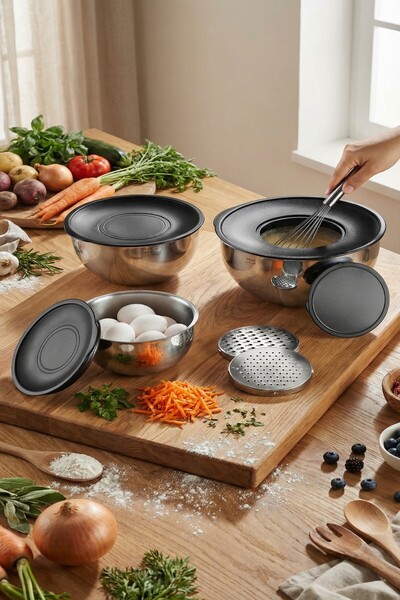 MAKRİ HOME 3'lü 304 Çelik Rendeli Saklama ve Karıştırma Kabı Seti (16 cm-1,35...