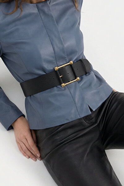 Black Thick Women's Belt with Square Gold Buckle 5.5 cm