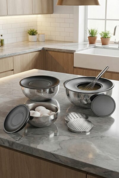 MAKRİ HOME 3'lü 304 Çelik Rendeli Saklama ve Karıştırma Kabı Seti (16 cm-1,35...