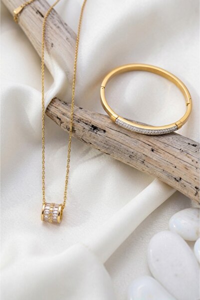 Lorivelle Kadın Paslanmaz Çelik Gold Renk Baget Taşlı Silindir Kolye ve Kelep...