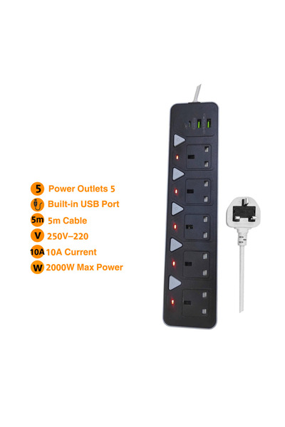 Proove شريط طاقة بخمسة منافذ مع منفذ USB - كابل بطول 5 متر، 2000 واط، 5 منافذ...
