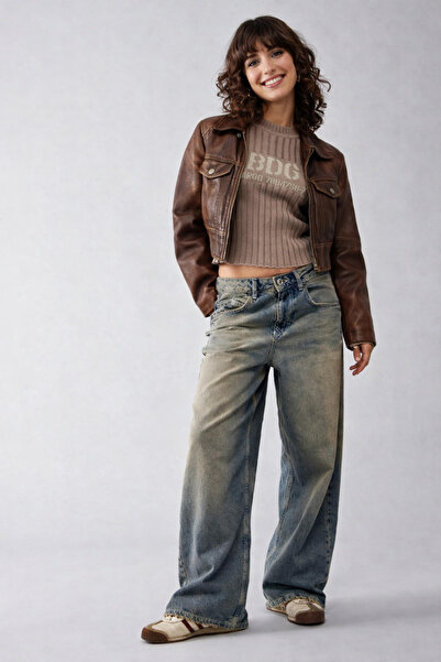 september island Dumanlı Mavi Vintage Eskitme Detaylı Baggy Boyfriend Şalvar Kot