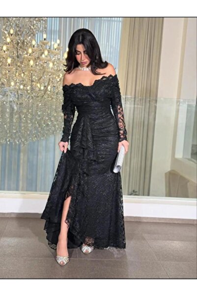 MANGONA فستان أنيق أسود بأكمام طويلة من الدانتيل