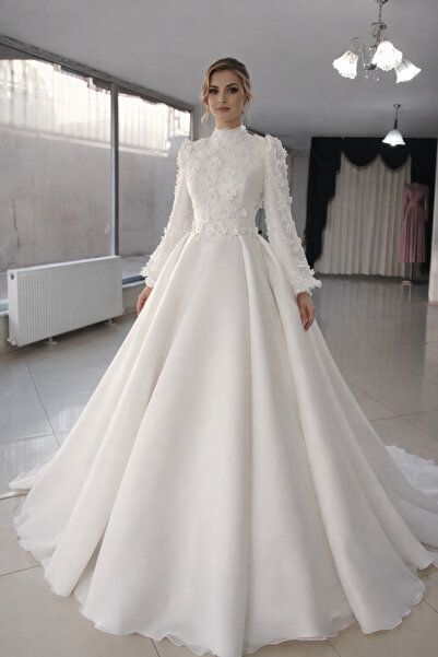 ÖZEL DİKİM Zeynep Erdal couture 3d dantelli balon kollu TESETTÜR GELİNLİK